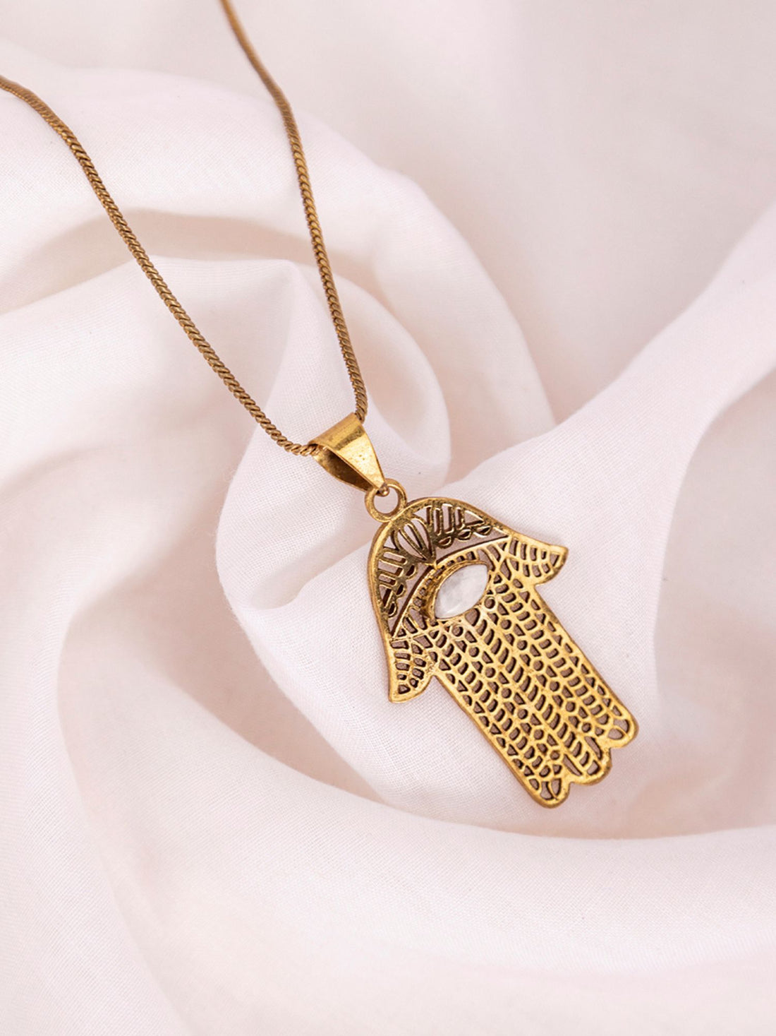 Women Antique Brass-Plated Hamsa Pendant with Chain By Studio One Love